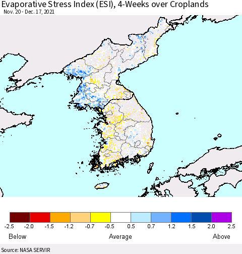 Korea Evaporative Stress Index (ESI), 4-Weeks over Croplands Thematic Map For 12/13/2021 - 12/19/2021
