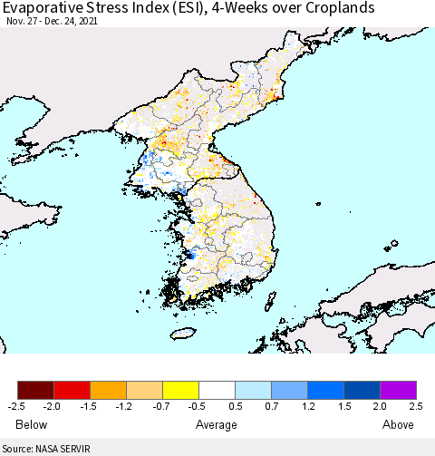 Korea Evaporative Stress Index (ESI), 4-Weeks over Croplands Thematic Map For 12/20/2021 - 12/26/2021