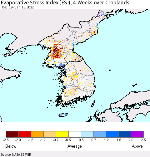 Korea Evaporative Stress Index (ESI), 4-Weeks over Croplands Thematic Map For 1/10/2022 - 1/16/2022