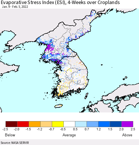 Korea Evaporative Stress Index (ESI), 4-Weeks over Croplands Thematic Map For 1/31/2022 - 2/6/2022