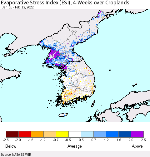 Korea Evaporative Stress Index (ESI), 4-Weeks over Croplands Thematic Map For 2/7/2022 - 2/13/2022