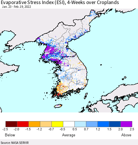 Korea Evaporative Stress Index (ESI), 4-Weeks over Croplands Thematic Map For 2/14/2022 - 2/20/2022