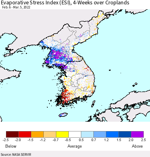 Korea Evaporative Stress Index (ESI), 4-Weeks over Croplands Thematic Map For 2/28/2022 - 3/6/2022