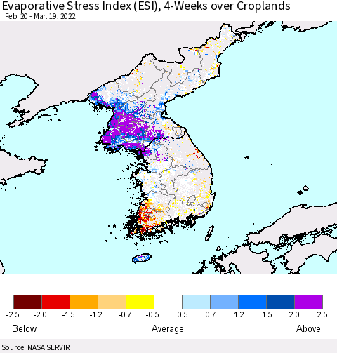 Korea Evaporative Stress Index (ESI), 4-Weeks over Croplands Thematic Map For 3/14/2022 - 3/20/2022