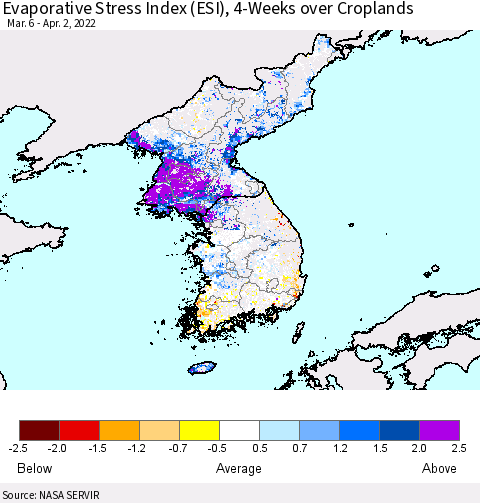 Korea Evaporative Stress Index (ESI), 4-Weeks over Croplands Thematic Map For 3/28/2022 - 4/3/2022