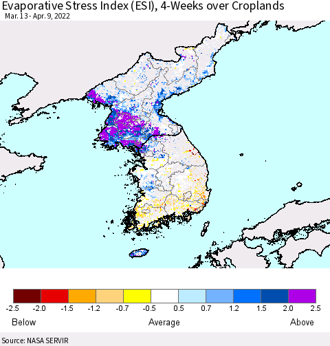 Korea Evaporative Stress Index (ESI), 4-Weeks over Croplands Thematic Map For 4/4/2022 - 4/10/2022