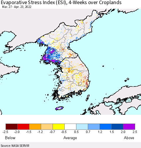 Korea Evaporative Stress Index (ESI), 4-Weeks over Croplands Thematic Map For 4/18/2022 - 4/24/2022