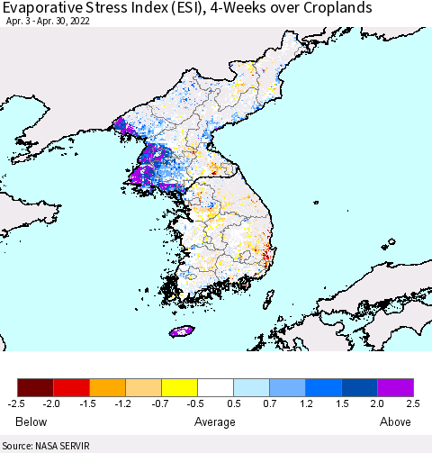 Korea Evaporative Stress Index (ESI), 4-Weeks over Croplands Thematic Map For 4/25/2022 - 5/1/2022