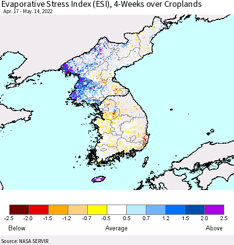 Korea Evaporative Stress Index (ESI), 4-Weeks over Croplands Thematic Map For 5/9/2022 - 5/15/2022