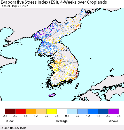 Korea Evaporative Stress Index (ESI), 4-Weeks over Croplands Thematic Map For 5/16/2022 - 5/22/2022