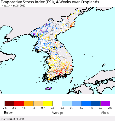 Korea Evaporative Stress Index (ESI), 4-Weeks over Croplands Thematic Map For 5/23/2022 - 5/29/2022