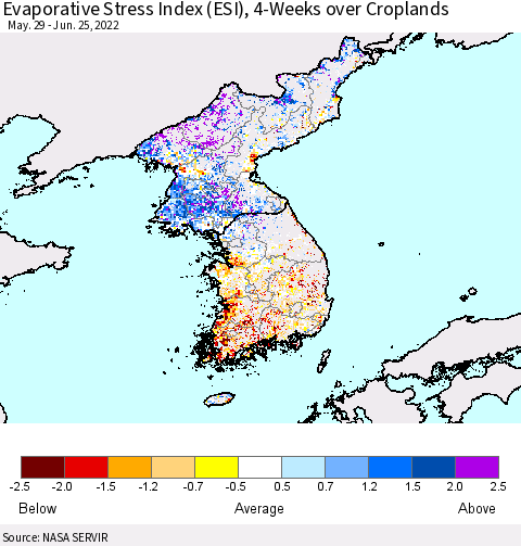 Korea Evaporative Stress Index (ESI), 4-Weeks over Croplands Thematic Map For 6/20/2022 - 6/26/2022