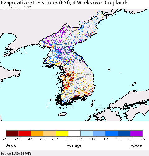 Korea Evaporative Stress Index (ESI), 4-Weeks over Croplands Thematic Map For 7/4/2022 - 7/10/2022