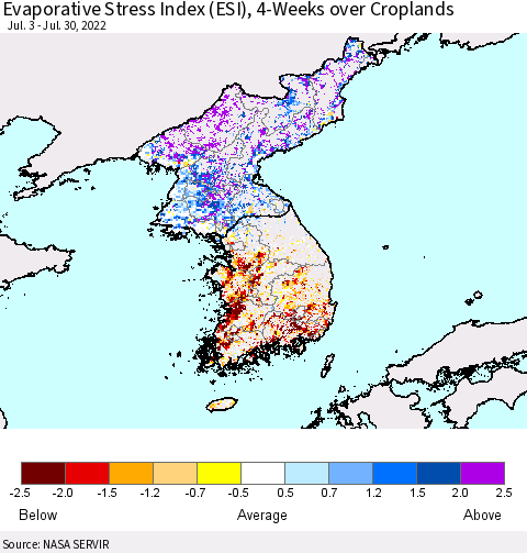 Korea Evaporative Stress Index (ESI), 4-Weeks over Croplands Thematic Map For 7/25/2022 - 7/31/2022