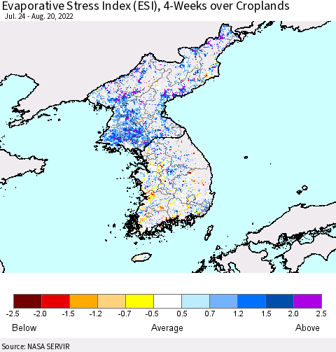 Korea Evaporative Stress Index (ESI), 4-Weeks over Croplands Thematic Map For 8/15/2022 - 8/21/2022