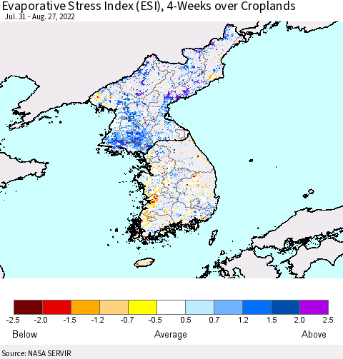 Korea Evaporative Stress Index (ESI), 4-Weeks over Croplands Thematic Map For 8/22/2022 - 8/28/2022