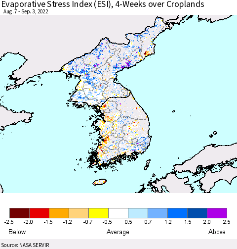 Korea Evaporative Stress Index (ESI), 4-Weeks over Croplands Thematic Map For 8/29/2022 - 9/4/2022