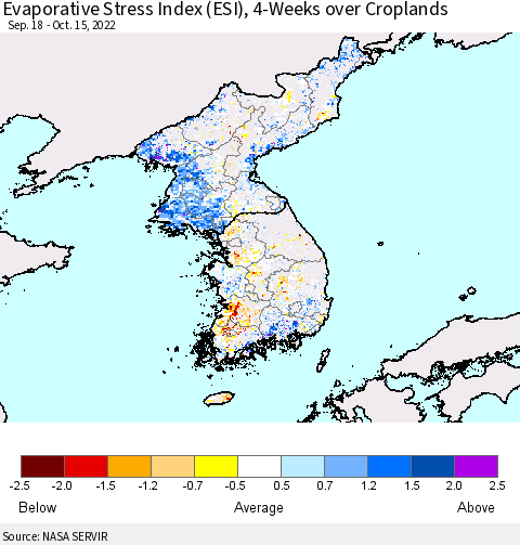 Korea Evaporative Stress Index (ESI), 4-Weeks over Croplands Thematic Map For 10/10/2022 - 10/16/2022