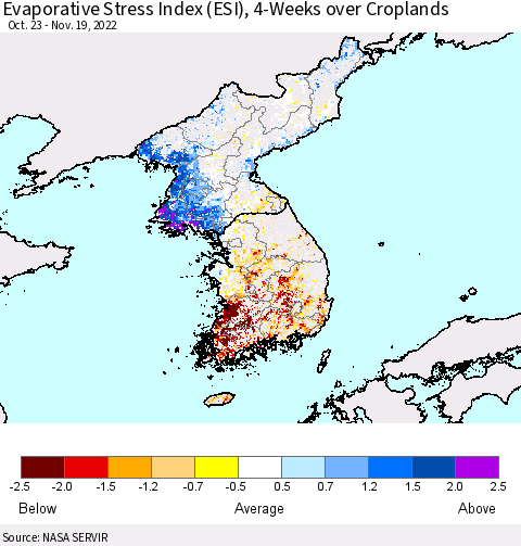 Korea Evaporative Stress Index (ESI), 4-Weeks over Croplands Thematic Map For 11/14/2022 - 11/20/2022