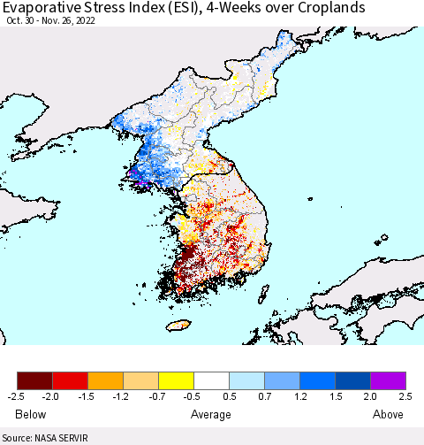 Korea Evaporative Stress Index (ESI), 4-Weeks over Croplands Thematic Map For 11/21/2022 - 11/27/2022