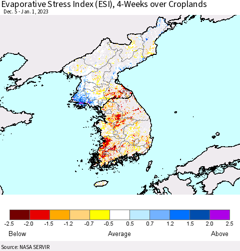 Korea Evaporative Stress Index (ESI), 4-Weeks over Croplands Thematic Map For 12/26/2022 - 1/1/2023