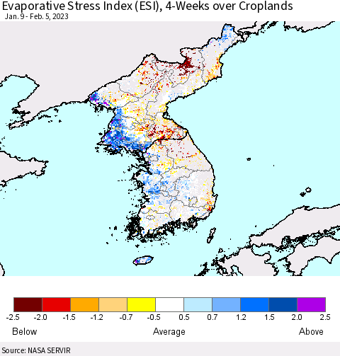 Korea Evaporative Stress Index (ESI), 4-Weeks over Croplands Thematic Map For 1/30/2023 - 2/5/2023
