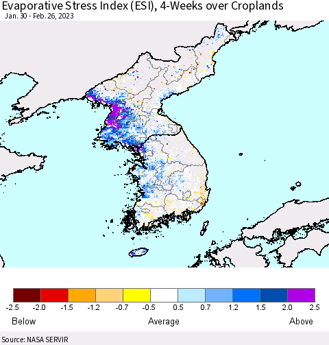 Korea Evaporative Stress Index (ESI), 4-Weeks over Croplands Thematic Map For 2/20/2023 - 2/26/2023