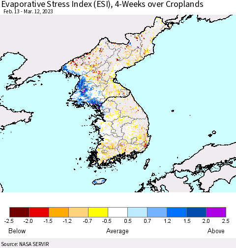 Korea Evaporative Stress Index (ESI), 4-Weeks over Croplands Thematic Map For 3/6/2023 - 3/12/2023
