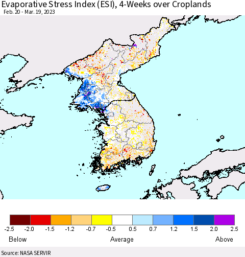 Korea Evaporative Stress Index (ESI), 4-Weeks over Croplands Thematic Map For 3/13/2023 - 3/19/2023