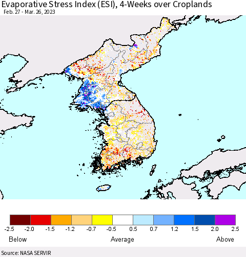 Korea Evaporative Stress Index (ESI), 4-Weeks over Croplands Thematic Map For 3/20/2023 - 3/26/2023
