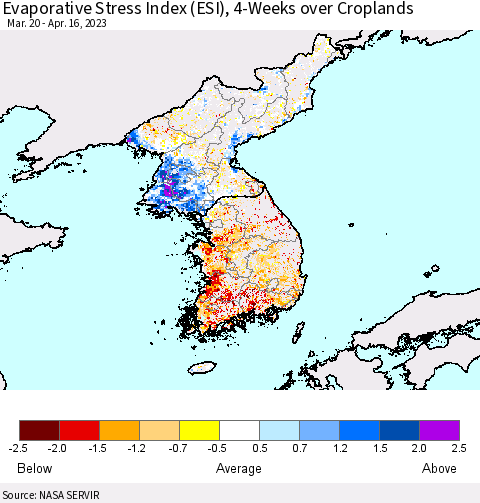 Korea Evaporative Stress Index (ESI), 4-Weeks over Croplands Thematic Map For 4/10/2023 - 4/16/2023