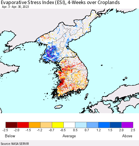 Korea Evaporative Stress Index (ESI), 4-Weeks over Croplands Thematic Map For 4/24/2023 - 4/30/2023