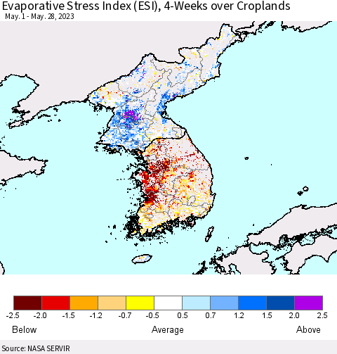 Korea Evaporative Stress Index (ESI), 4-Weeks over Croplands Thematic Map For 5/22/2023 - 5/28/2023
