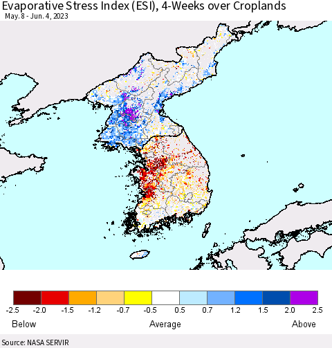 Korea Evaporative Stress Index (ESI), 4-Weeks over Croplands Thematic Map For 5/29/2023 - 6/4/2023
