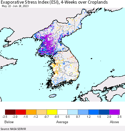 Korea Evaporative Stress Index (ESI), 4-Weeks over Croplands Thematic Map For 6/12/2023 - 6/18/2023