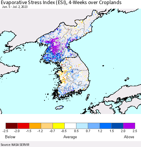 Korea Evaporative Stress Index (ESI), 4-Weeks over Croplands Thematic Map For 6/26/2023 - 7/2/2023