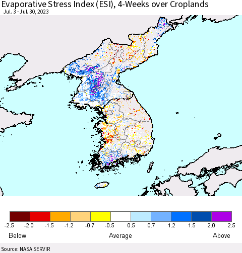 Korea Evaporative Stress Index (ESI), 4-Weeks over Croplands Thematic Map For 7/24/2023 - 7/30/2023