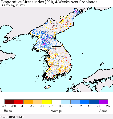 Korea Evaporative Stress Index (ESI), 4-Weeks over Croplands Thematic Map For 8/7/2023 - 8/13/2023