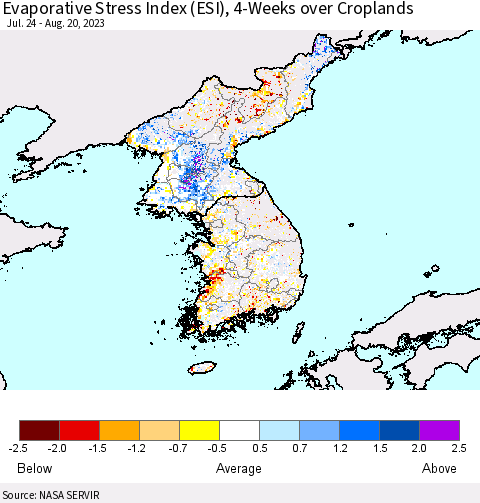 Korea Evaporative Stress Index (ESI), 4-Weeks over Croplands Thematic Map For 8/14/2023 - 8/20/2023