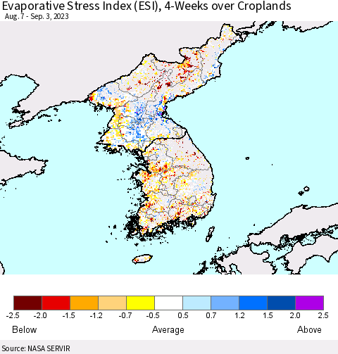 Korea Evaporative Stress Index (ESI), 4-Weeks over Croplands Thematic Map For 8/28/2023 - 9/3/2023
