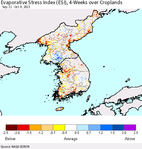 Korea Evaporative Stress Index (ESI), 4-Weeks over Croplands Thematic Map For 10/2/2023 - 10/8/2023
