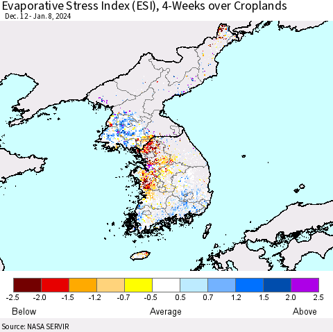 Korea Evaporative Stress Index (ESI), 4-Weeks over Croplands Thematic Map For 1/8/2024 - 1/14/2024
