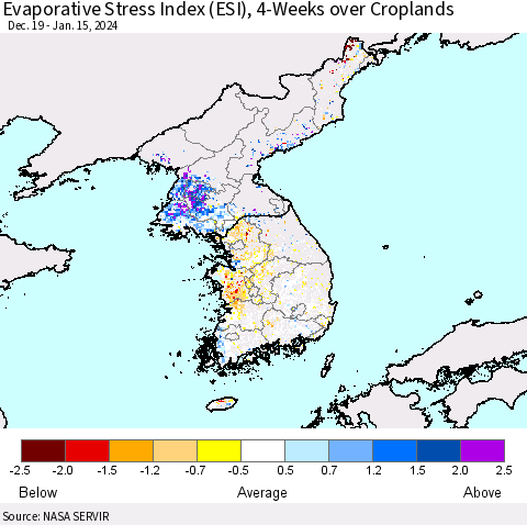 Korea Evaporative Stress Index (ESI), 4-Weeks over Croplands Thematic Map For 1/15/2024 - 1/21/2024