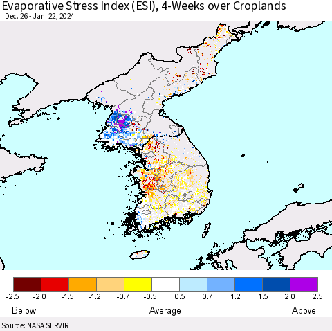 Korea Evaporative Stress Index (ESI), 4-Weeks over Croplands Thematic Map For 1/22/2024 - 1/28/2024
