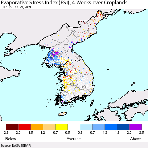 Korea Evaporative Stress Index (ESI), 4-Weeks over Croplands Thematic Map For 1/29/2024 - 2/4/2024