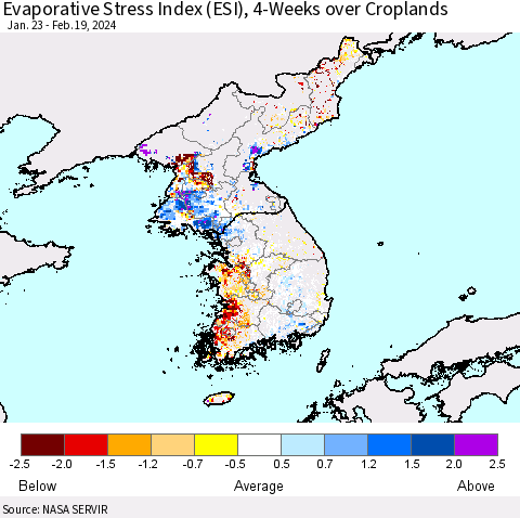 Korea Evaporative Stress Index (ESI), 4-Weeks over Croplands Thematic Map For 2/19/2024 - 2/25/2024