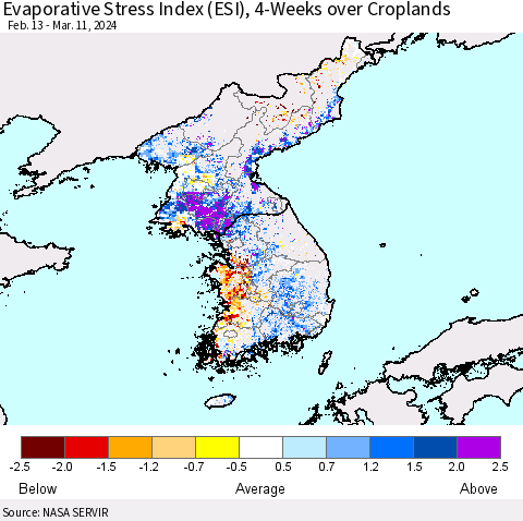 Korea Evaporative Stress Index (ESI), 4-Weeks over Croplands Thematic Map For 3/11/2024 - 3/17/2024