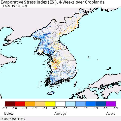 Korea Evaporative Stress Index (ESI), 4-Weeks over Croplands Thematic Map For 3/18/2024 - 3/24/2024