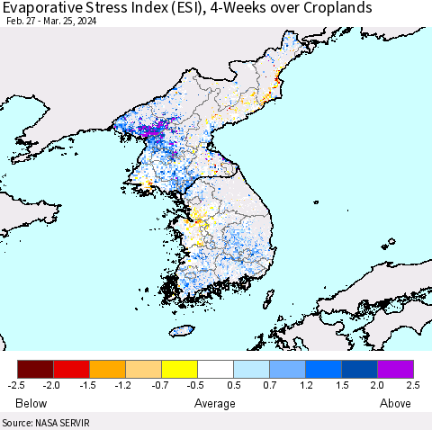 Korea Evaporative Stress Index (ESI), 4-Weeks over Croplands Thematic Map For 3/25/2024 - 3/31/2024