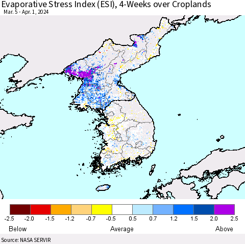 Korea Evaporative Stress Index (ESI), 4-Weeks over Croplands Thematic Map For 4/1/2024 - 4/7/2024